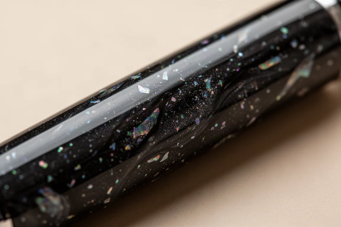 Resina escura cintilante da caneta tinteiro exibindo sutis flocos coloridos em close
