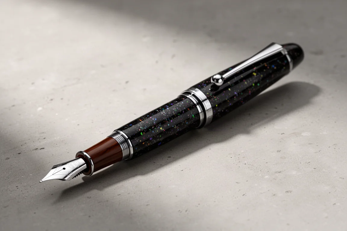 Penna stilografica scura scintillante con finiture cromate e nib flessibile in acciaio su superficie di cemento