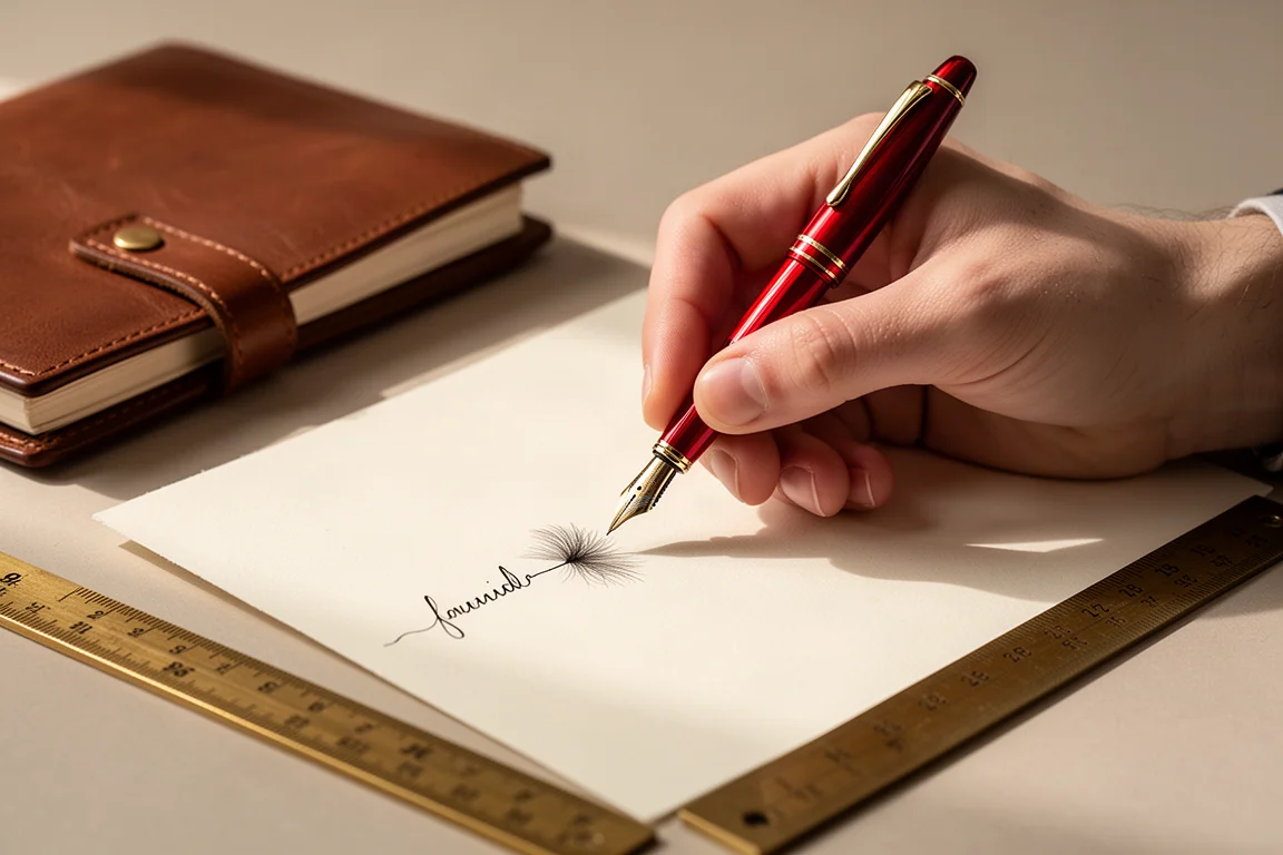 Manos escribiendo con una pluma estilográfica sobre papel crema junto a un cuaderno de cuero