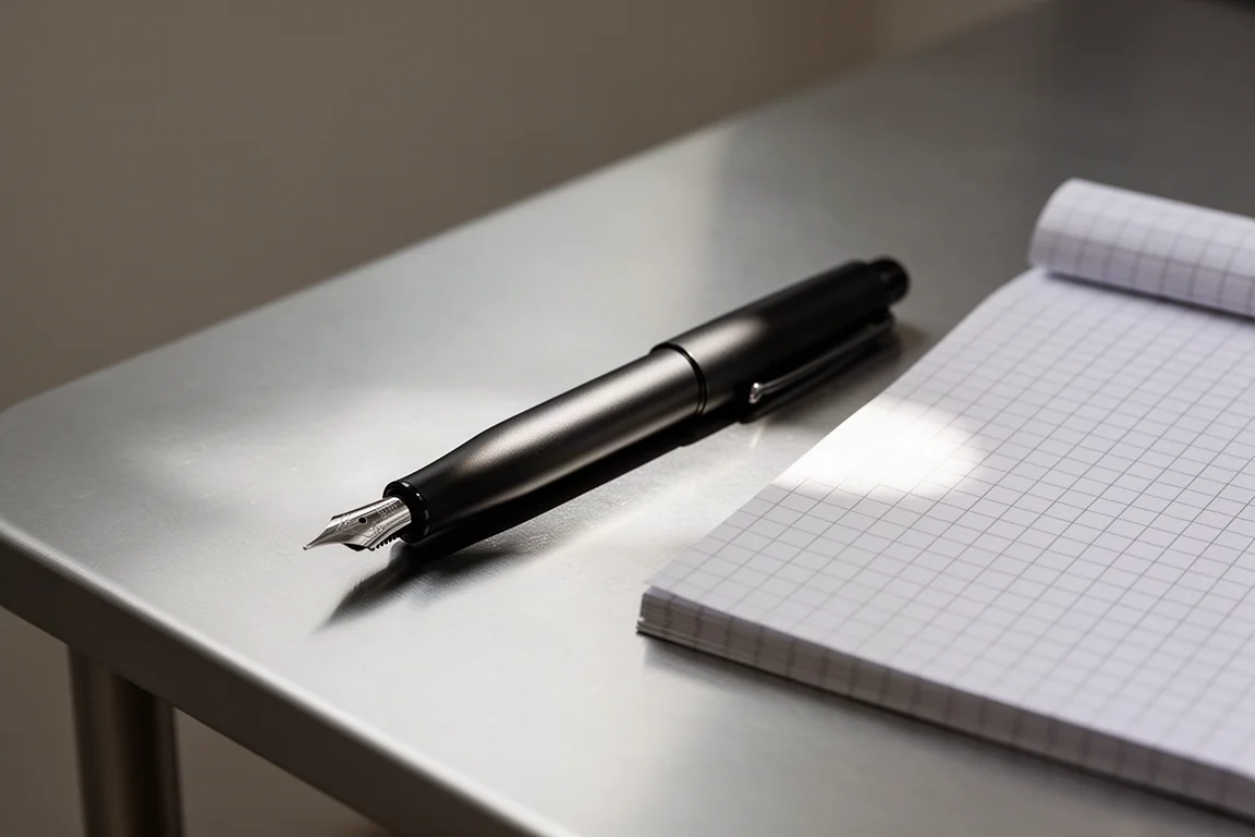 Pluma estilográfica negra mate sobre una superficie de aluminio cepillado