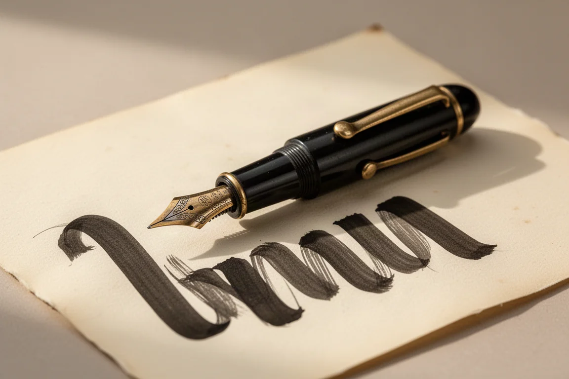 Pluma estilográfica vintage de ebonita con un plumín muy flexible apoyada sobre papel envejecido
