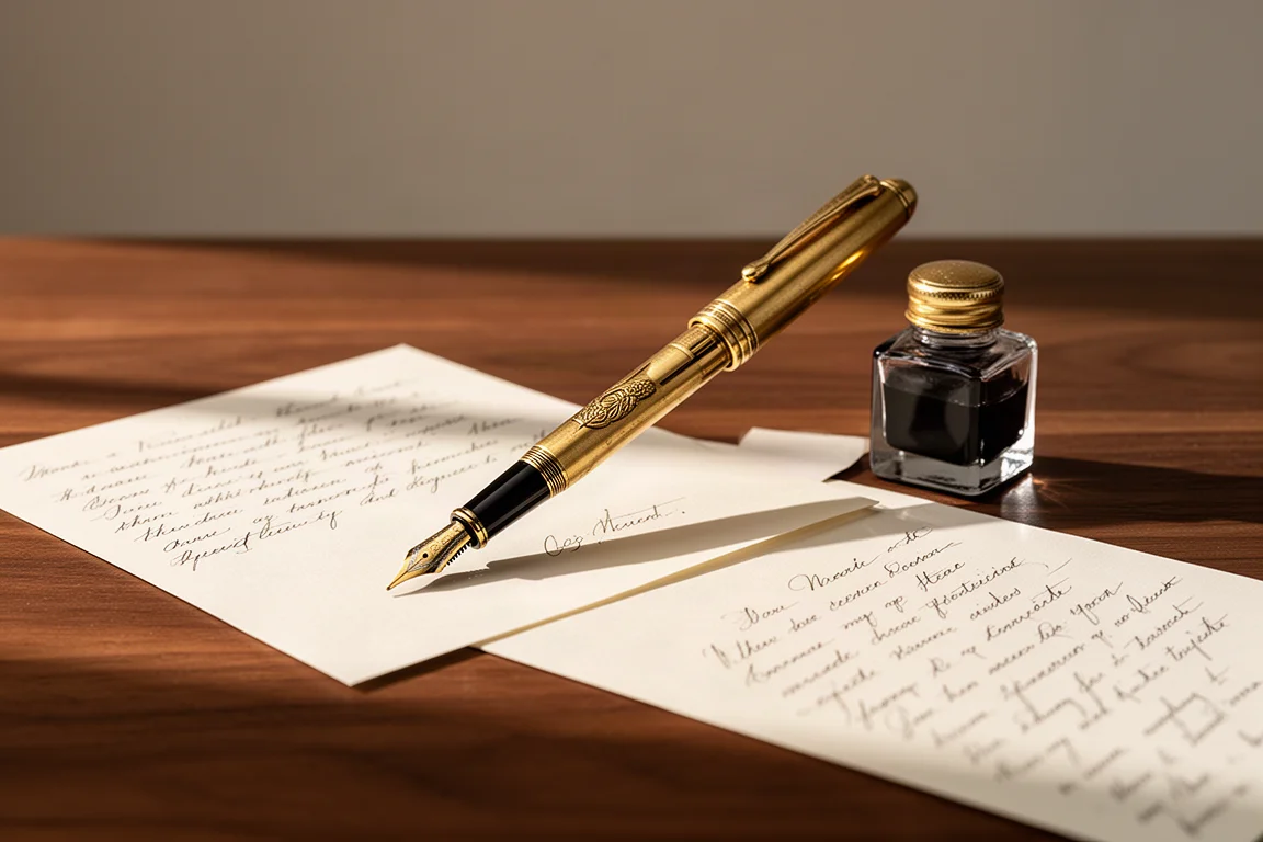Pluma estilográfica vintage sobre un escritorio de madera junto a un tintero y cartas escritas
