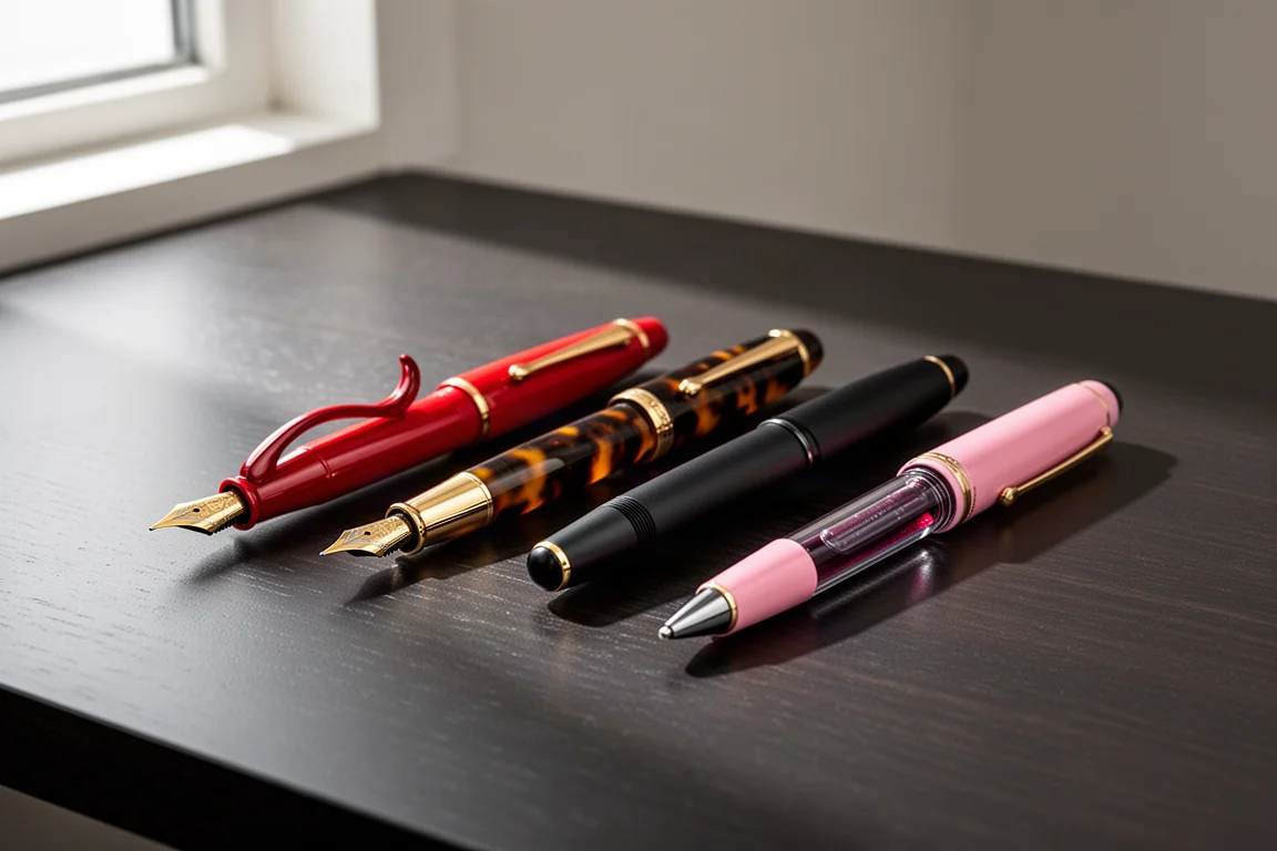 Diciotto stilografiche di stili e colori vari disposte su una scrivania in legno scuro