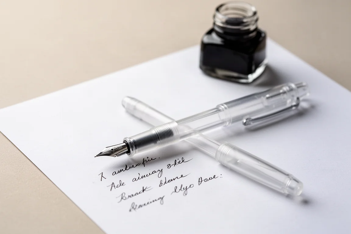 Eenvoudige plastic vulpen schrijft op gewoon kopieerpapier