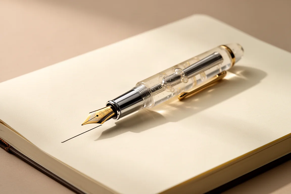 Vulpen van hars met gouden nib op een open blad van een notitieboek