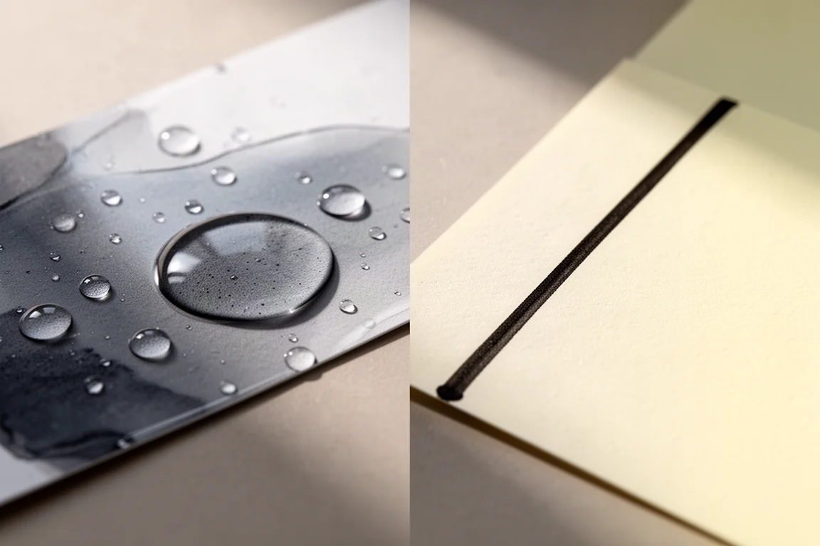 Glänzend beschichtetes Kassenpapier stößt einen Tropfen wasserbasierter Tinte ab
