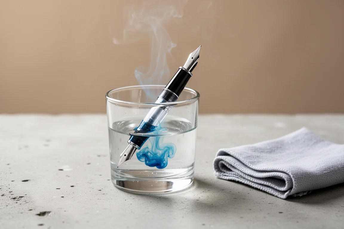 Füllfederhalter wird in einem einfachen Glas mit klarem Wasser durchgespült
