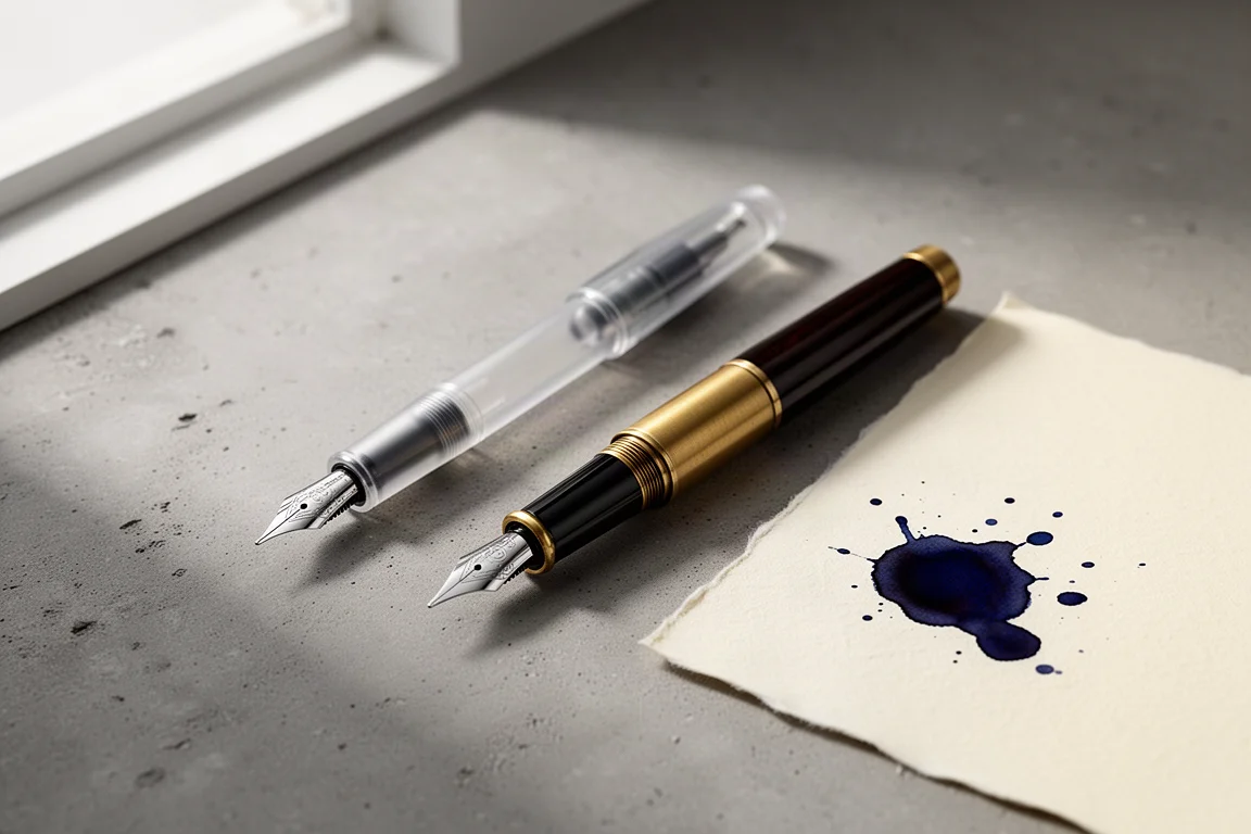 A plastic and a brass fountain pen on a concrete surface beside cream paper