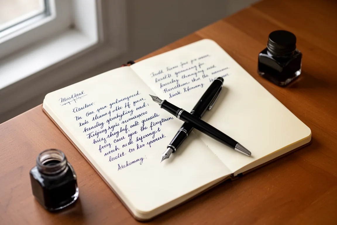 Página de cuaderno abierta con escritura en tinta azul oscuro y una pluma estilográfica descansando sobre ella