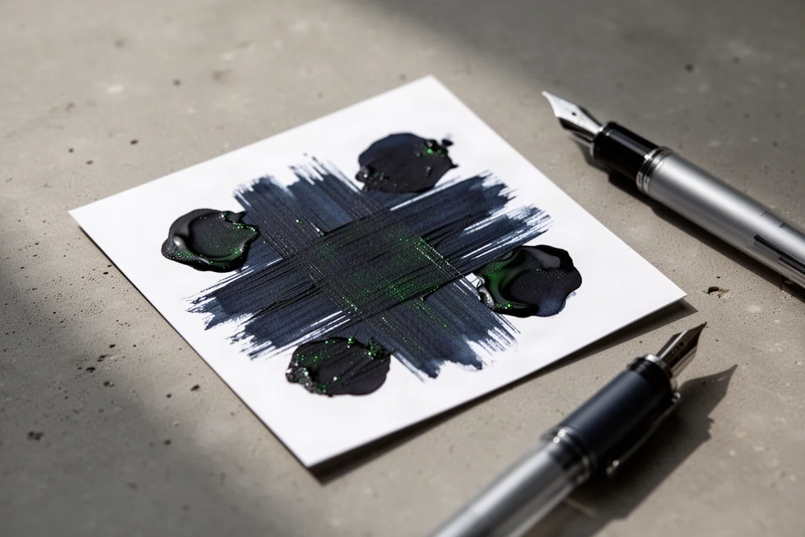 Muestras de tinta en papel blanco mostrando una tinta azul oscuro con sutil brillo verdoso
