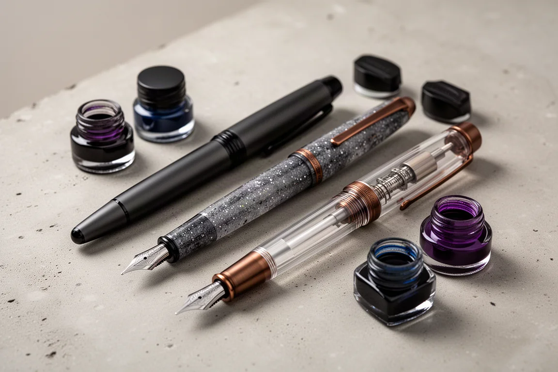 Three fountain pens and three ink bottles arranged on a concrete surface