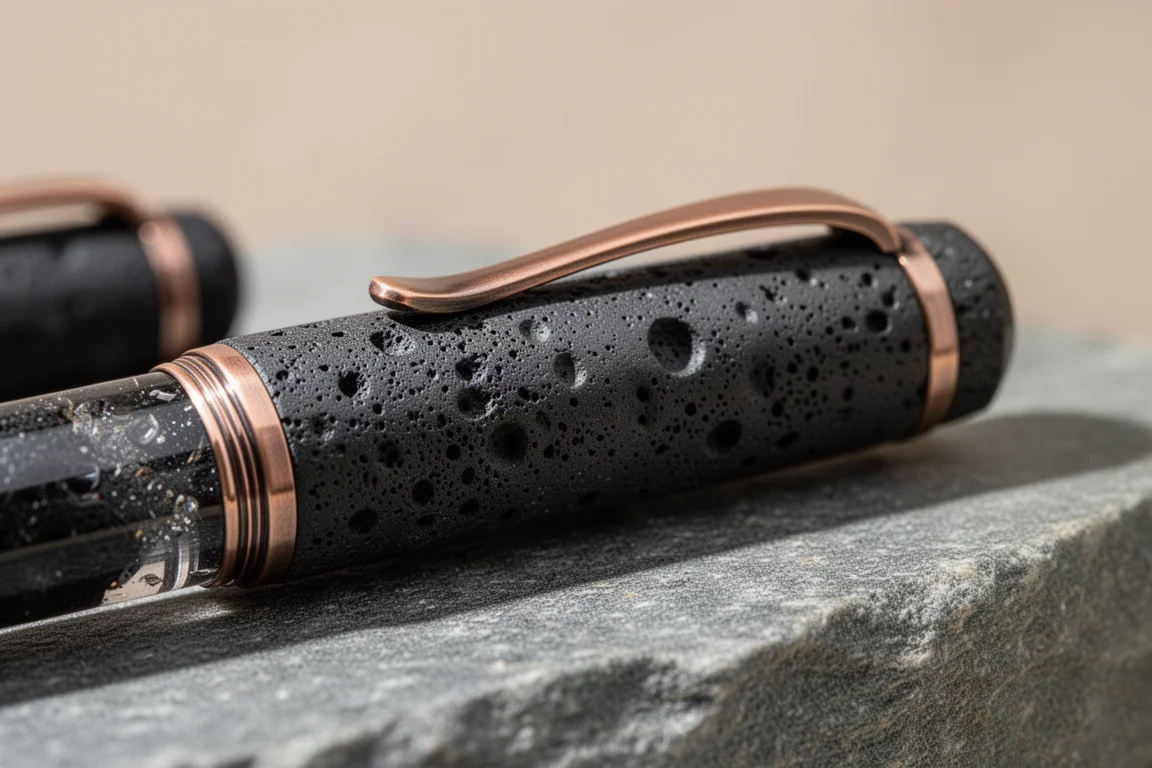 Caneta-tinteiro de basalto escuro texturizado com detalhes em bronze sobre uma superfície de pedra