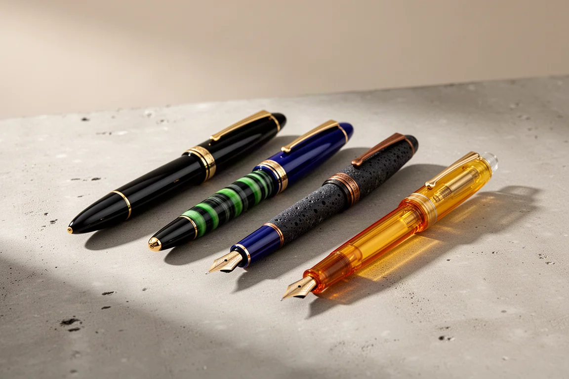 A collection of luxury fountain pens arranged on a concrete surface