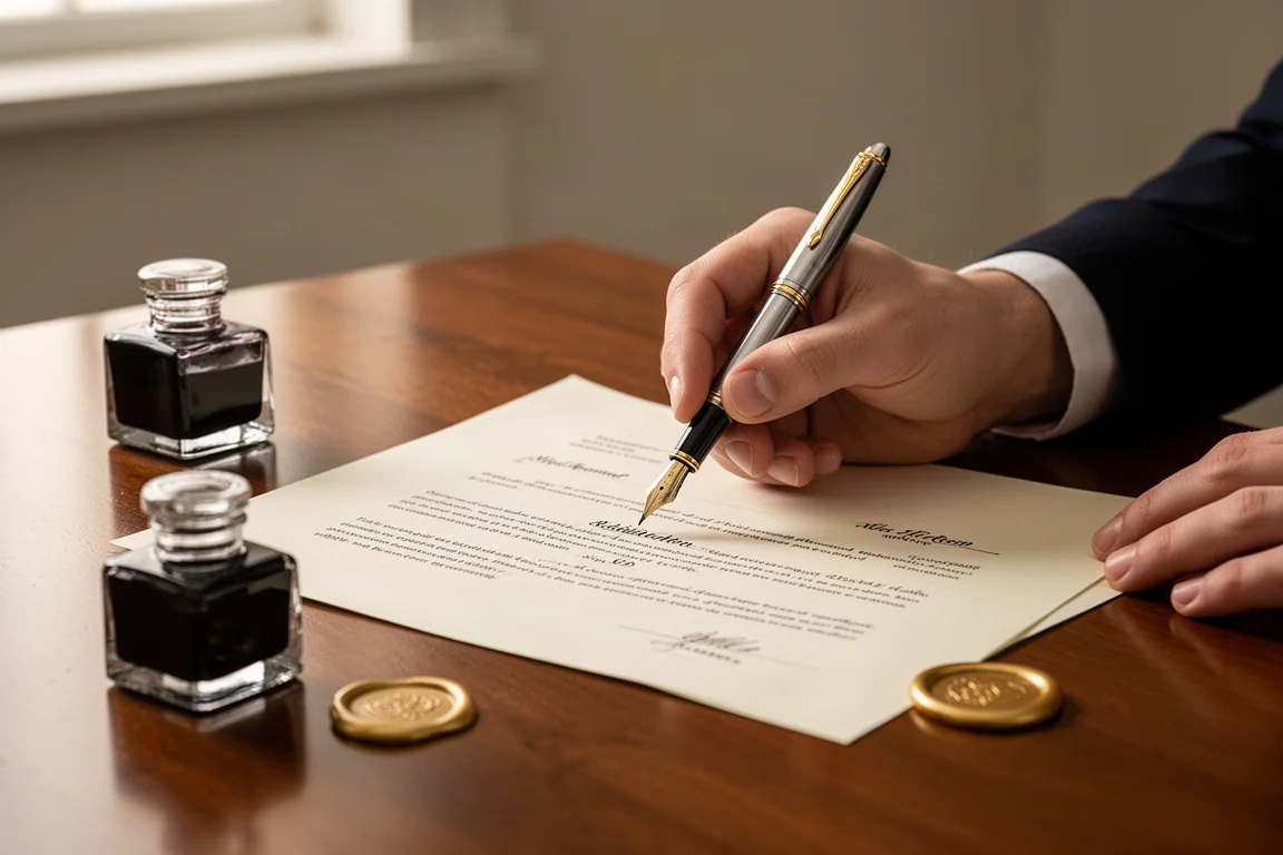Manos de un escritor firmando un documento oficial con una elegante pluma estilográfica