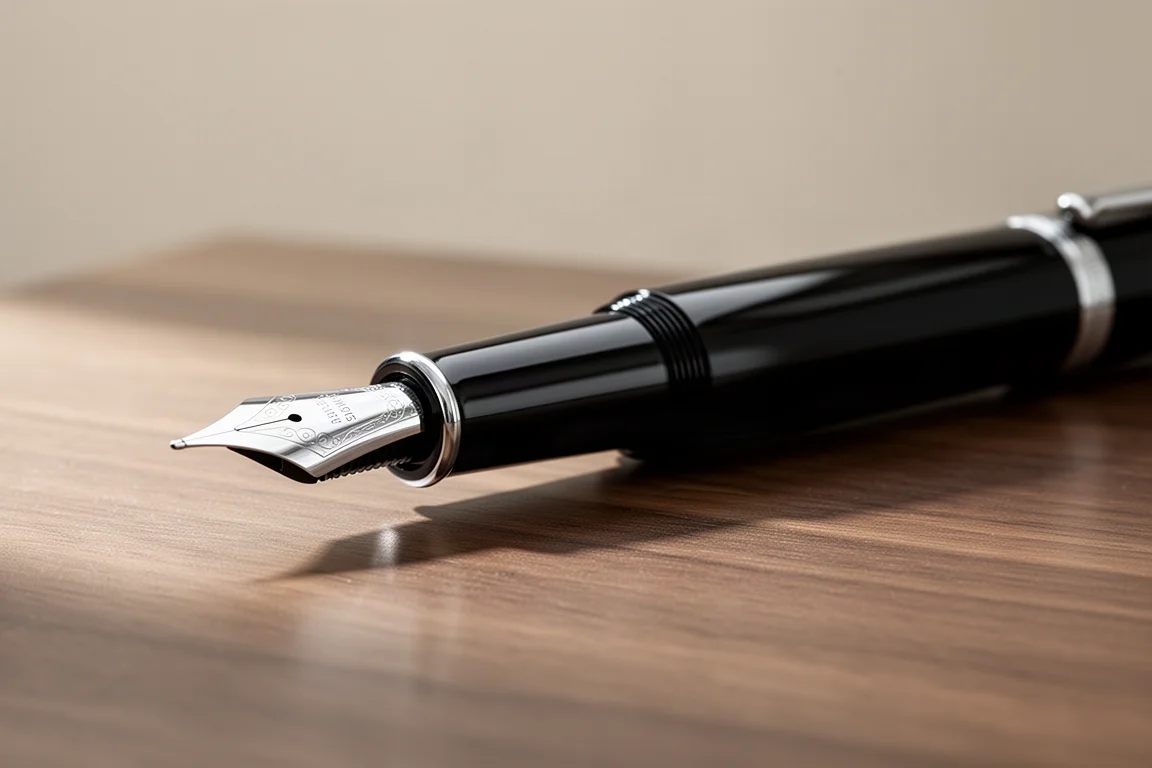 Pluma estilográfica muy grande descansando sobre un escritorio mostrando su plumín de tamaño descomunal