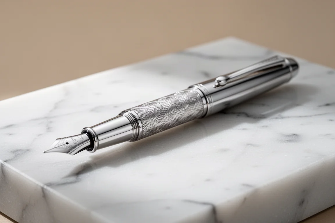 Pluma estilográfica de plata de ley reflejando la luz sobre una superficie de mármol