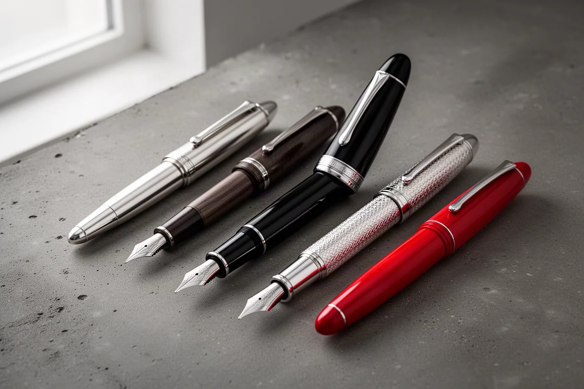 Collection of luxury fountain pens in silver, black, and red arranged on a dark surface