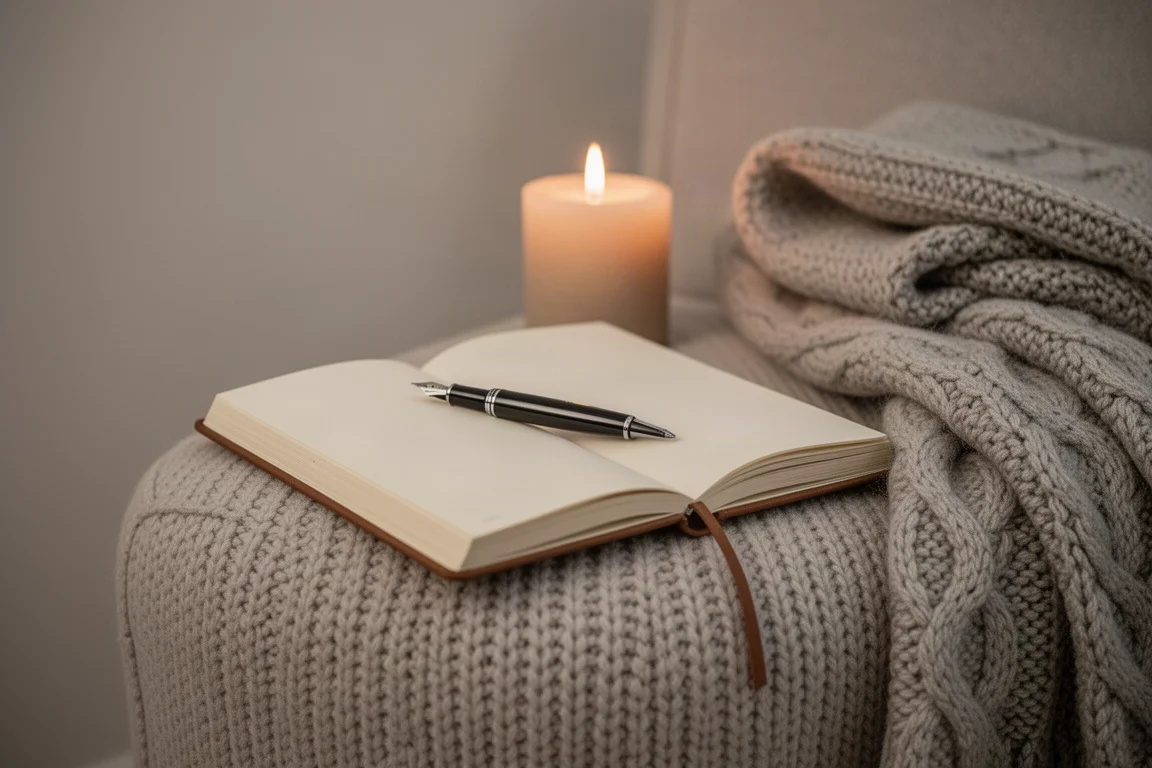 Journal ouvert dans un fauteuil douillet avec une lumière de bougie et un stylo plume posé sur la page