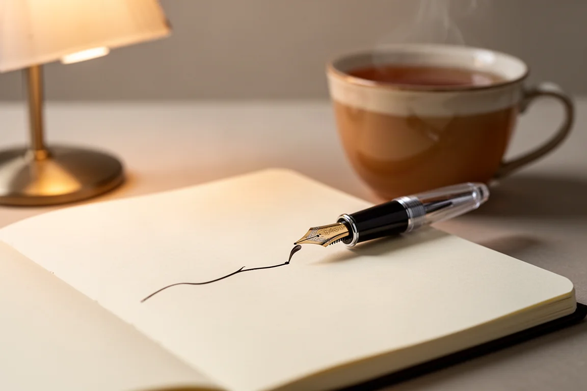 Plume de stylo plume écrivant une entrée de journal sous une lumière de lampe chaleureuse