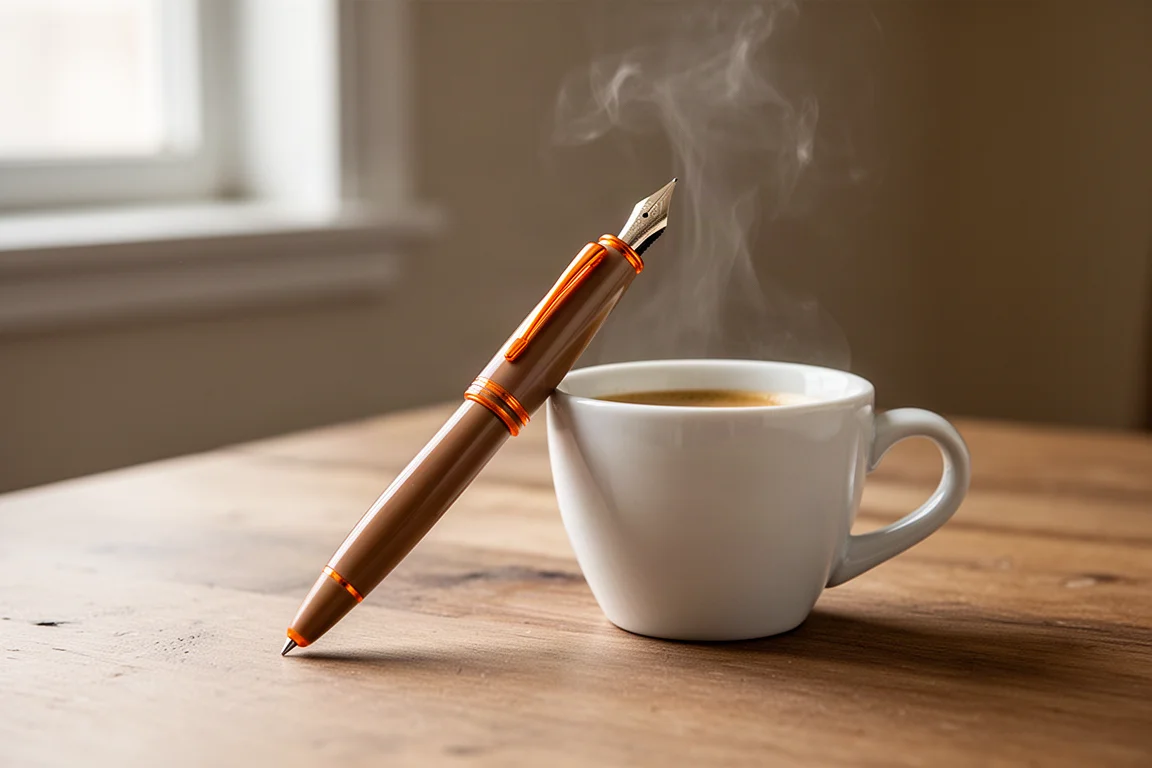 Petit stylo plume posé sur le rebord d'une tasse d'espresso à la lumière du matin