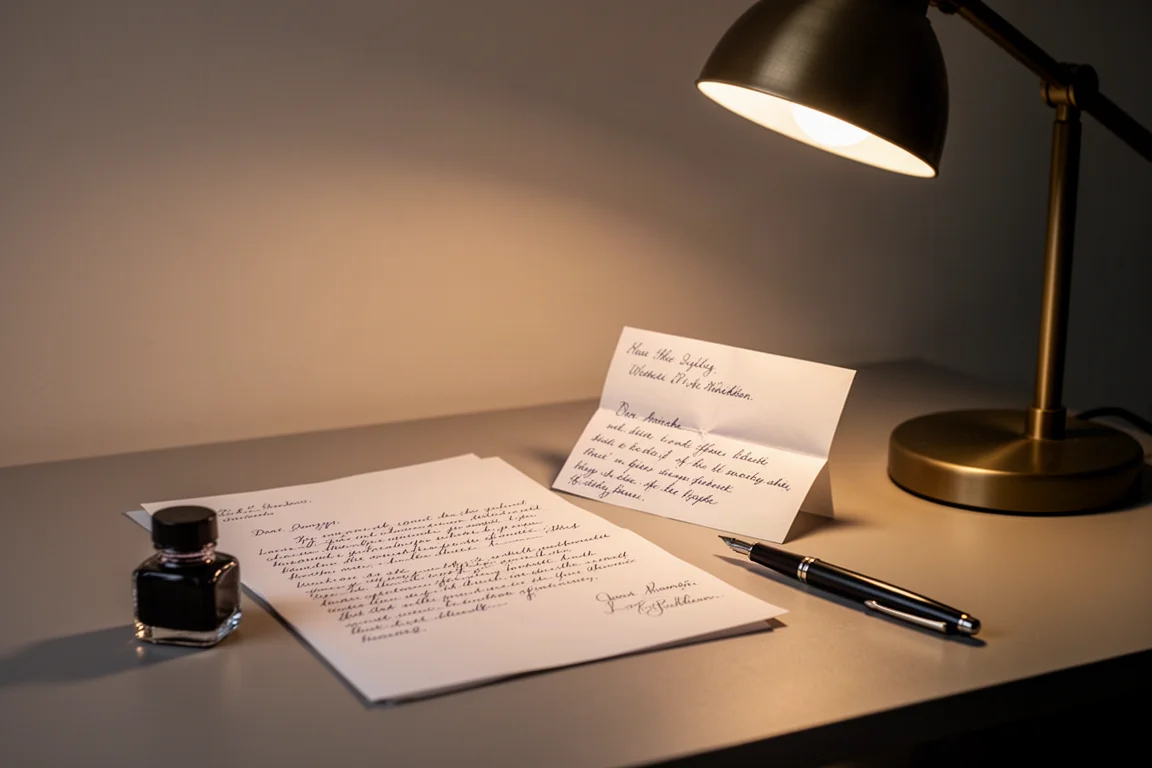 Bureau d'écriture ouvert avec papier à lettres, enveloppes et flacon d'encre sous une lumière douce