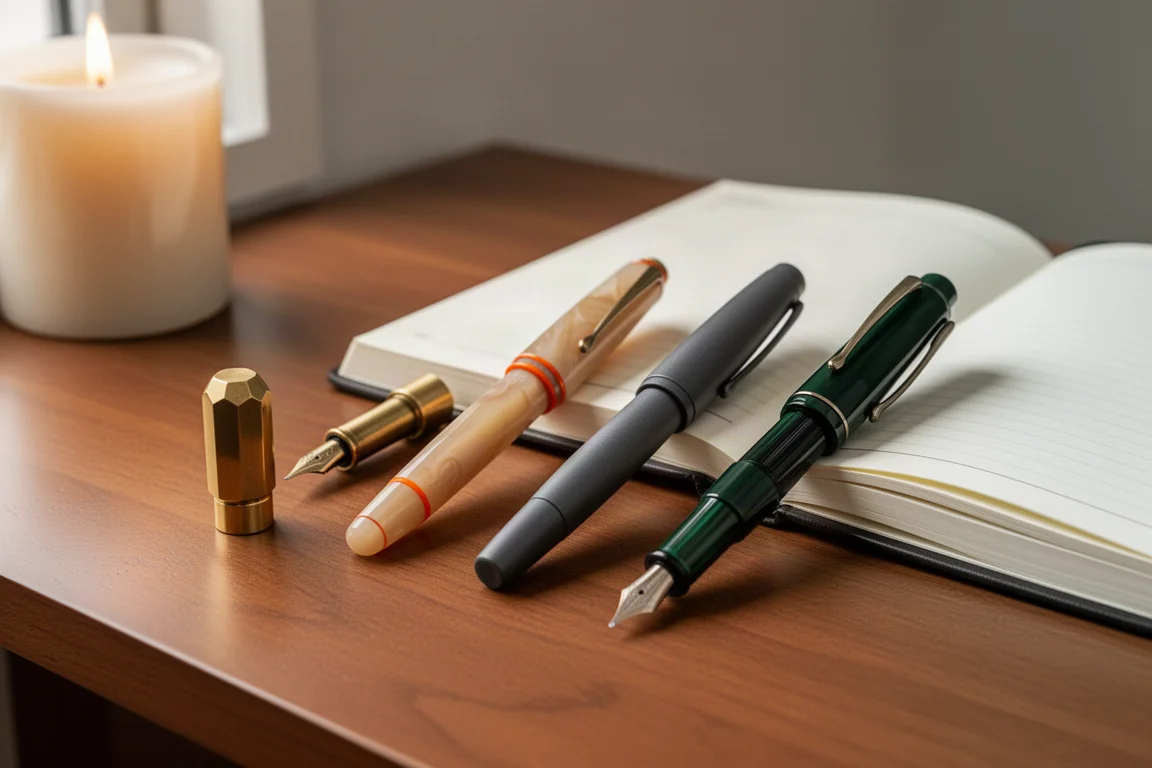 Quattro fountain pen su una scrivania in legno accanto a un diario aperto e una candela accesa