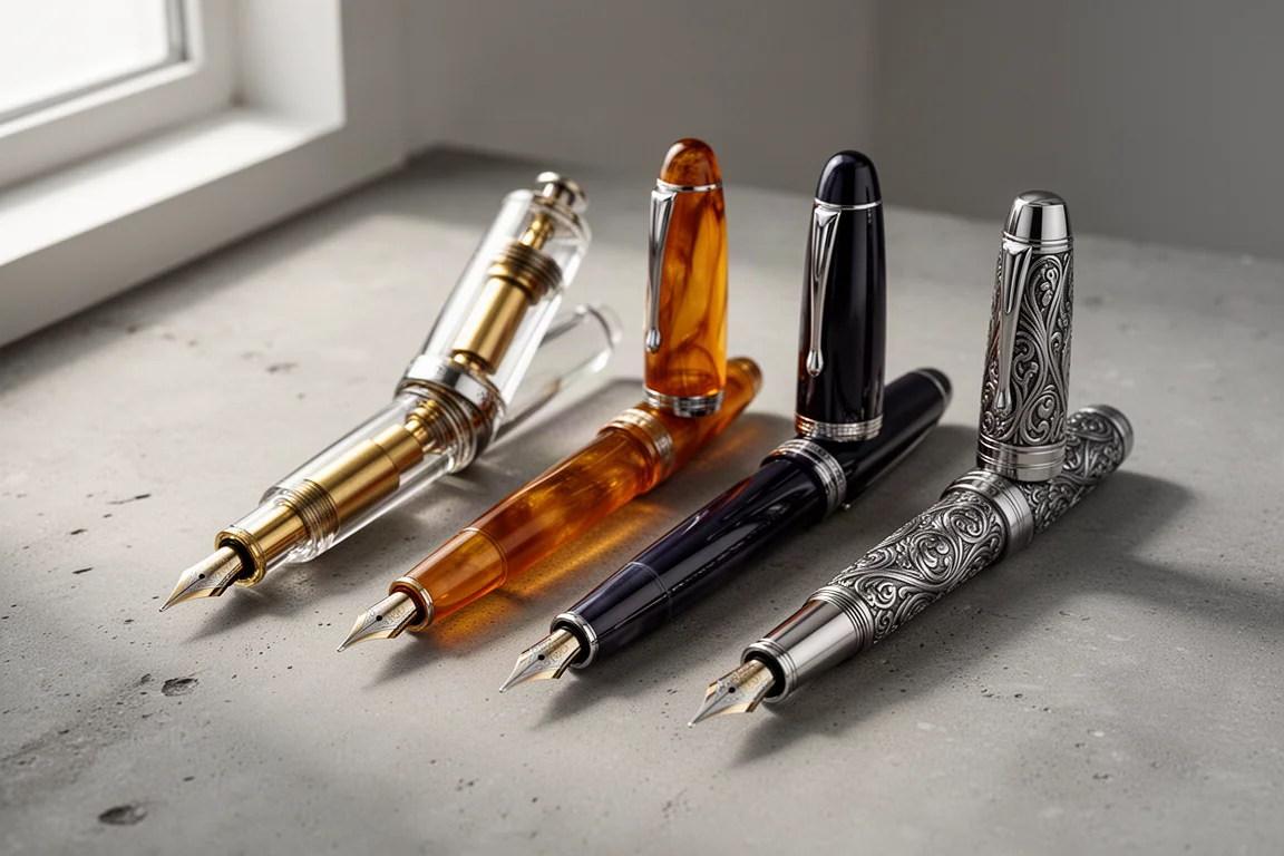 Four fountain pens of varying sizes and finishes lined up on a concrete surface
