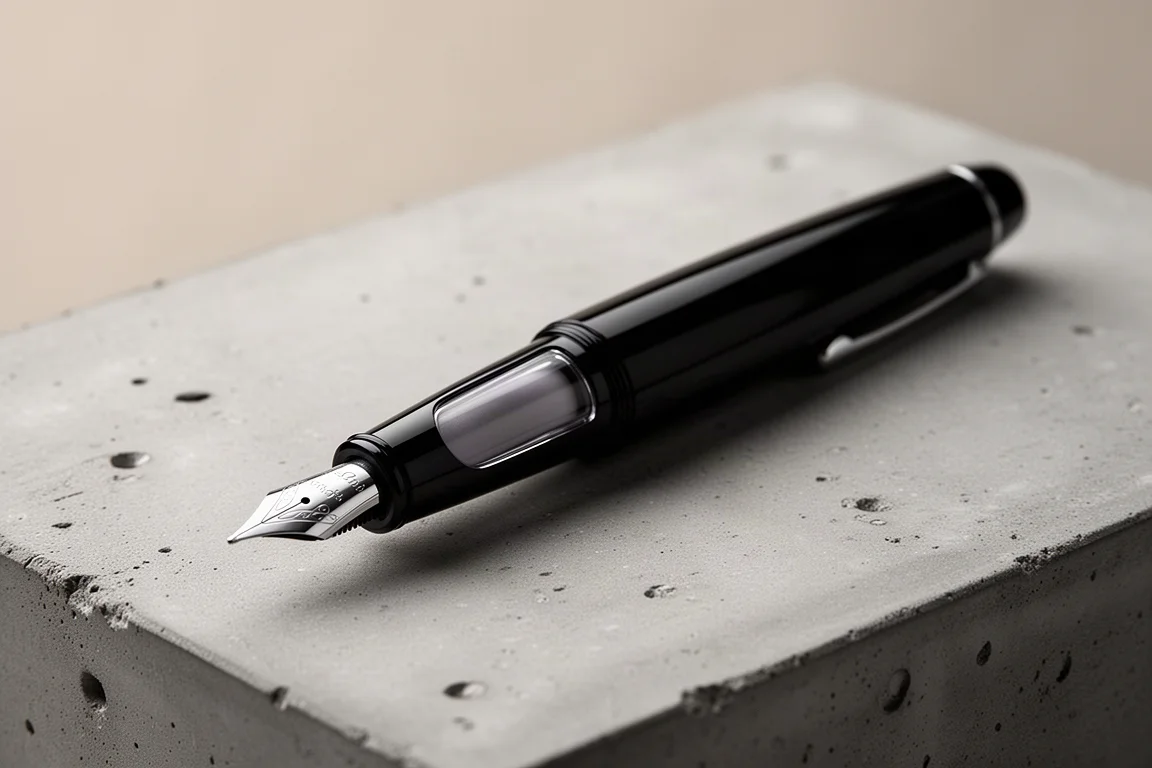 Großer Kolbenfüller mit sichtbarem Tintenfenster auf einem Schreibtisch