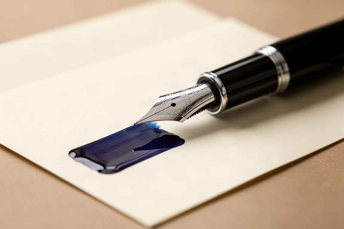 Fountain pen with stub nib writing sheening blue ink on cream paper