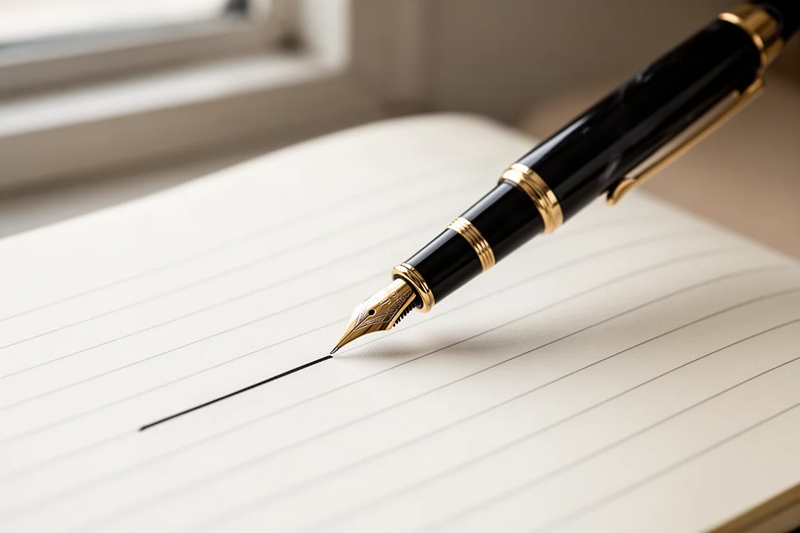Gold-nib fountain pen writing fine dark lines on notebook paper