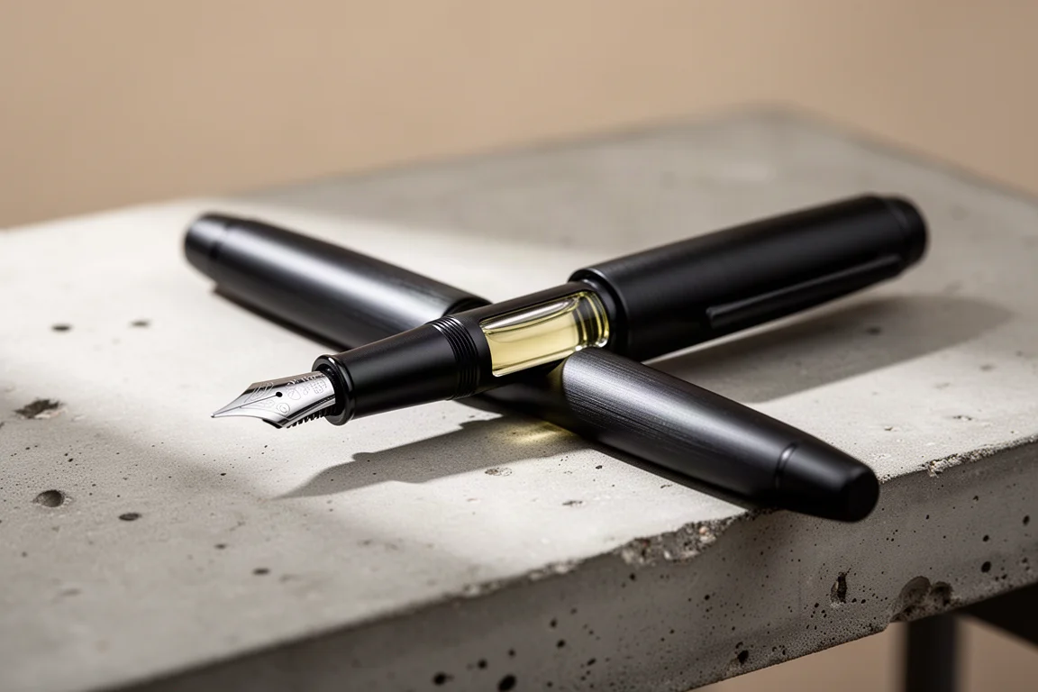 Matte black piston-filler fountain pen with visible ink window on desk
