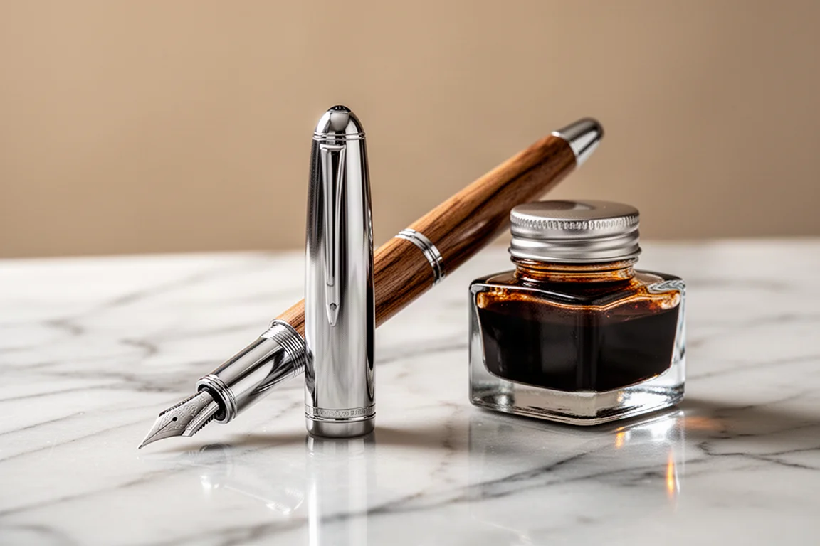 Wood-bodied fountain pen with silver cap beside a bottle of sepia ink