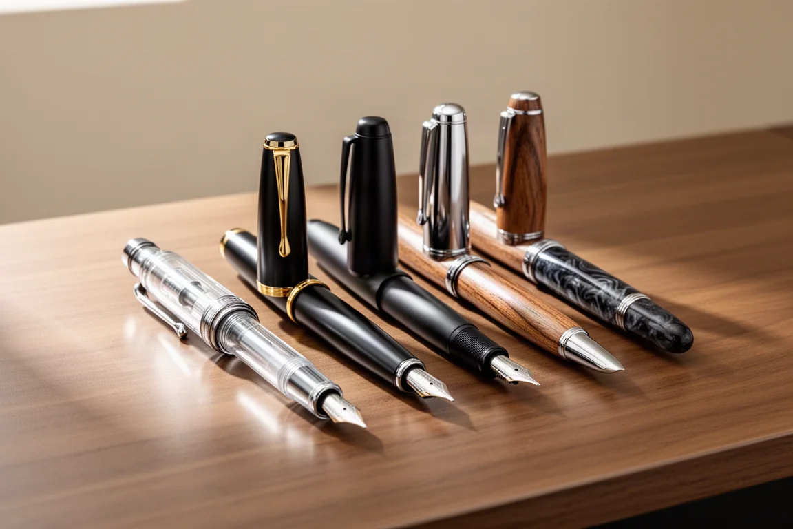 Five fountain pens of different styles arranged on a wooden desk