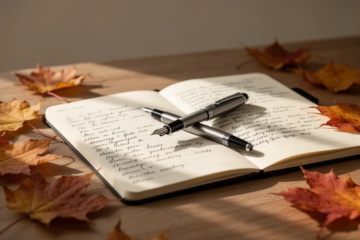 Füllfederhalter auf einer handgeschriebenen Journalseite liegend neben fallenden Herbstblättern