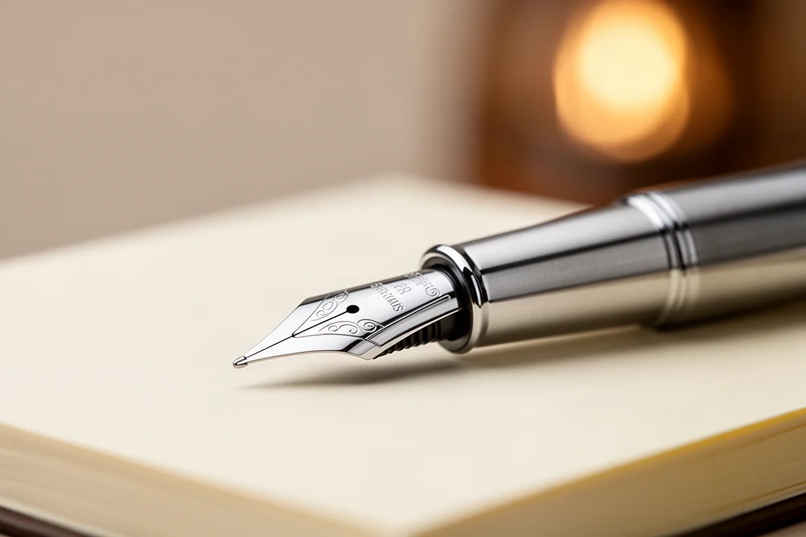 Gros plan sur une plume en acier inoxydable de stylo plume posée sur une page de carnet