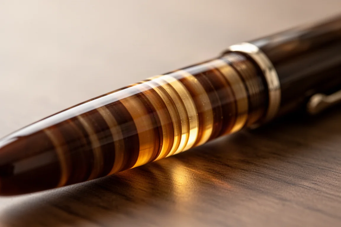 Baril de stylo plume vintage en celluloïd marron rayé sous la lumière d'une fenêtre