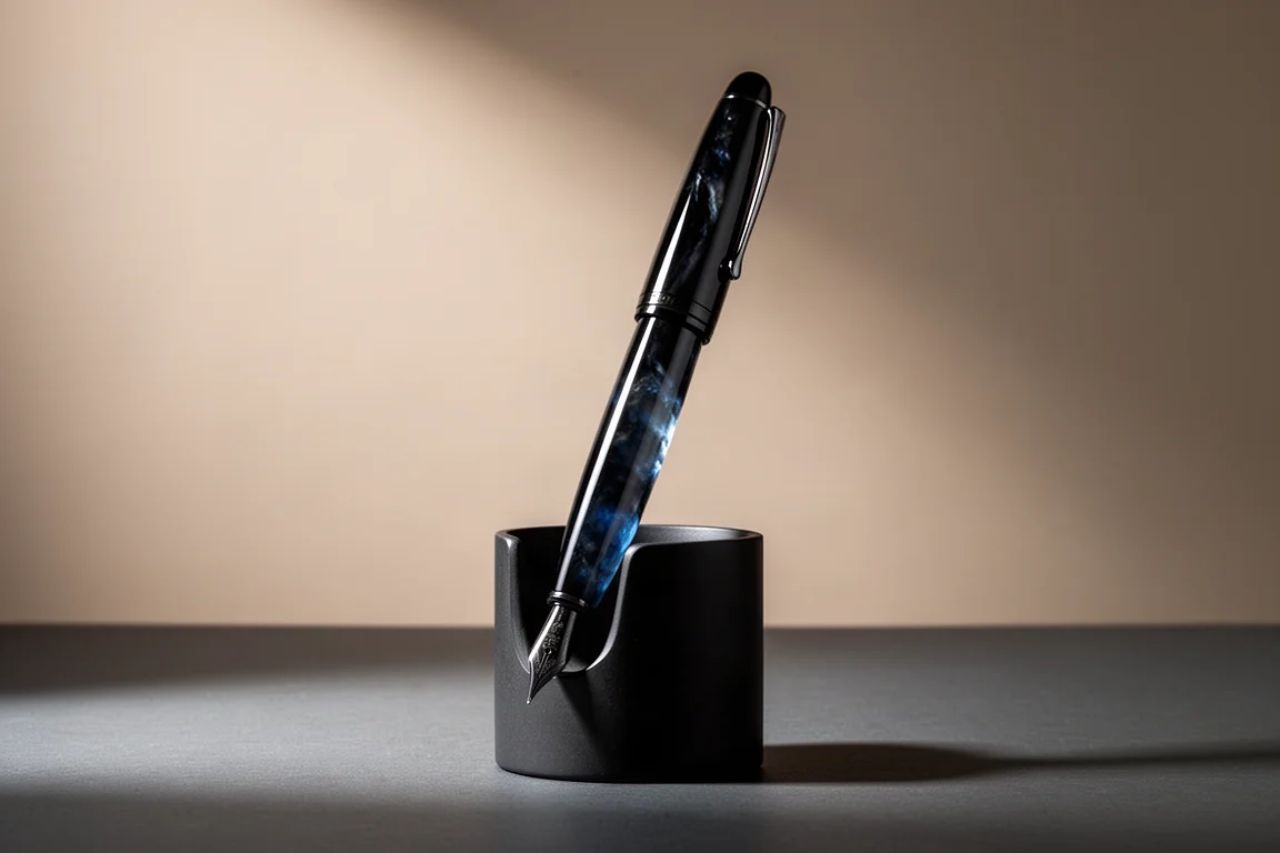 Stylo plume oversize en résine noire dressé sur une surface sombre en studio