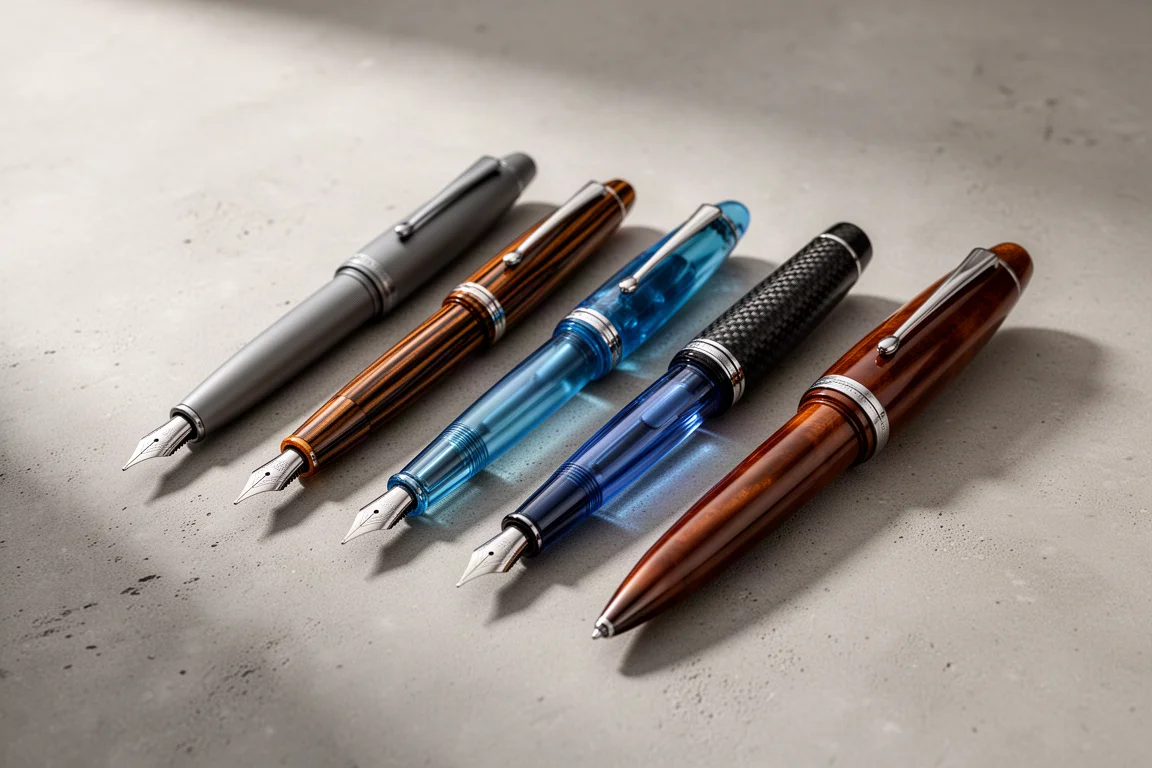 A lineup of premium fountain pens on a concrete surface