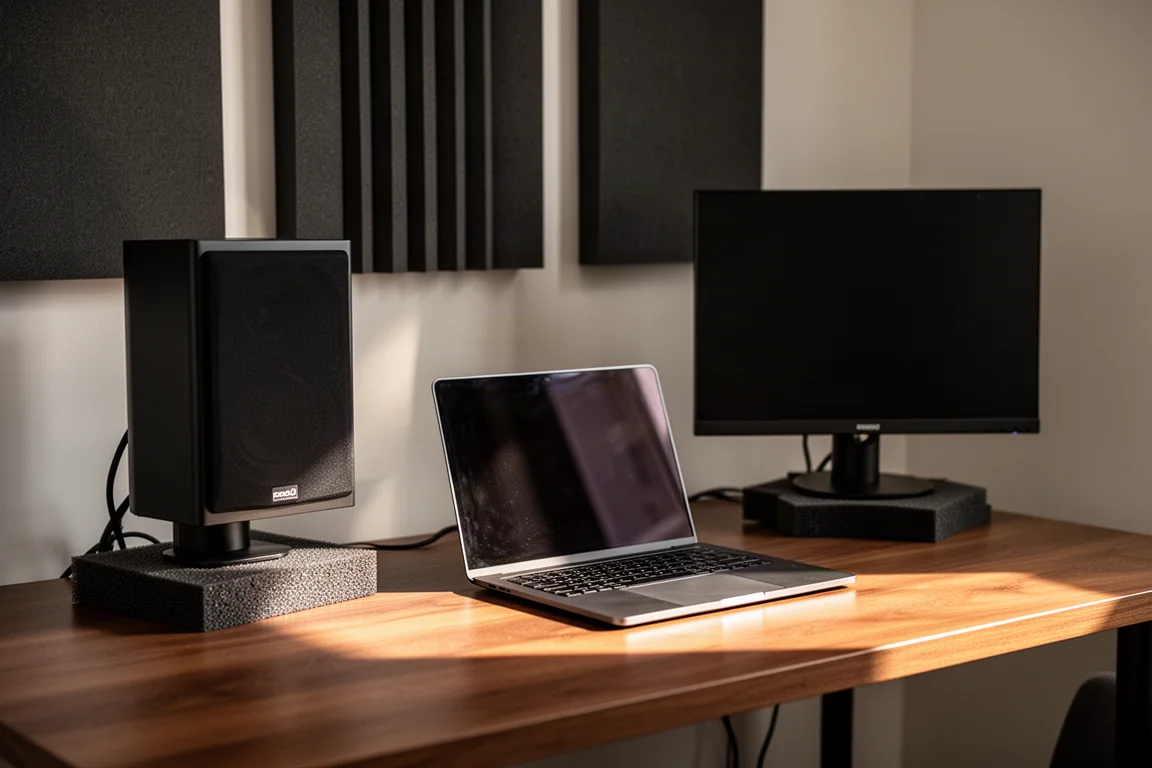 Home studio desk with two black monitors on isolation pads and acoustic panels