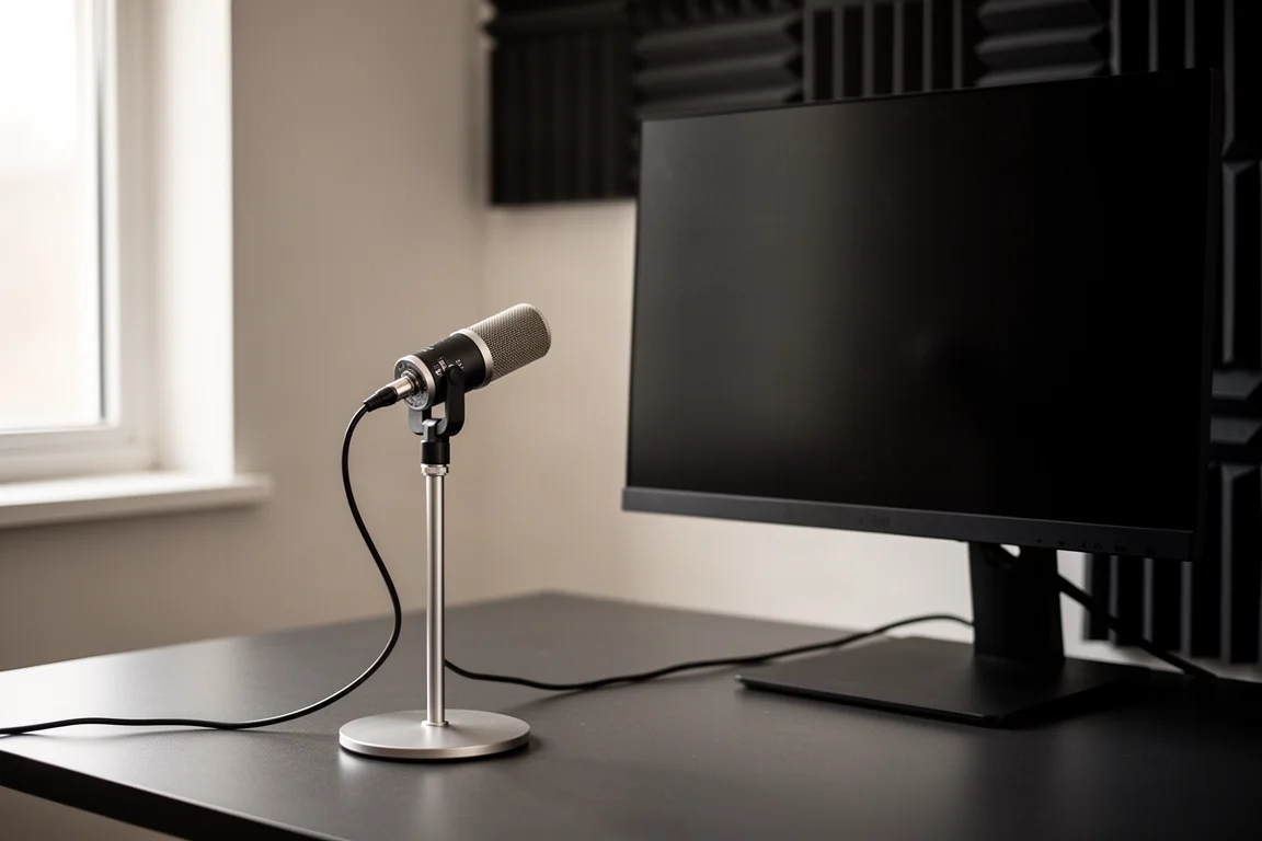 Measurement microphone on a stand placed in front of a black studio monitor