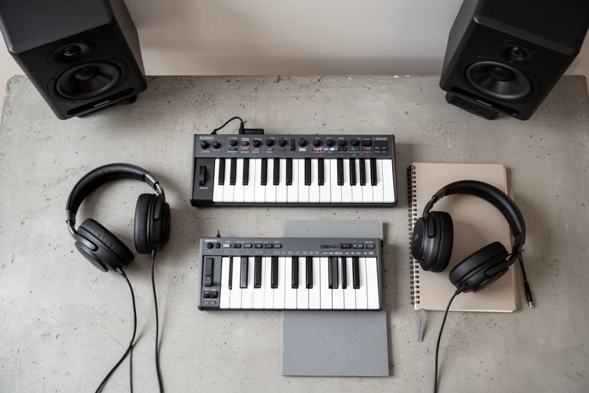 Overhead flat-lay of a studio desk with keyboard, headphones, and monitors
