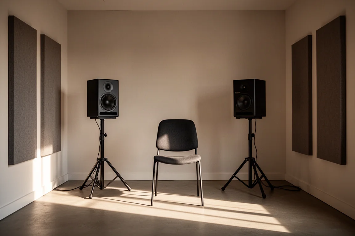 Pair of studio monitors on stands in a small treated room with acoustic panels