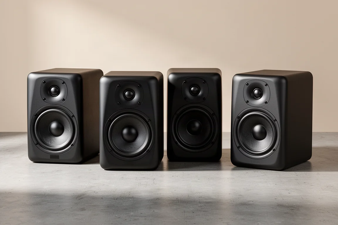 Four black 8-inch powered studio monitors lined up on a concrete surface