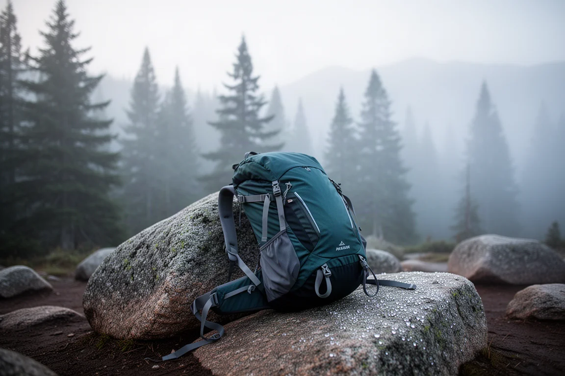 Hiking backpack leaning against a boulder at a misty mountain campsite