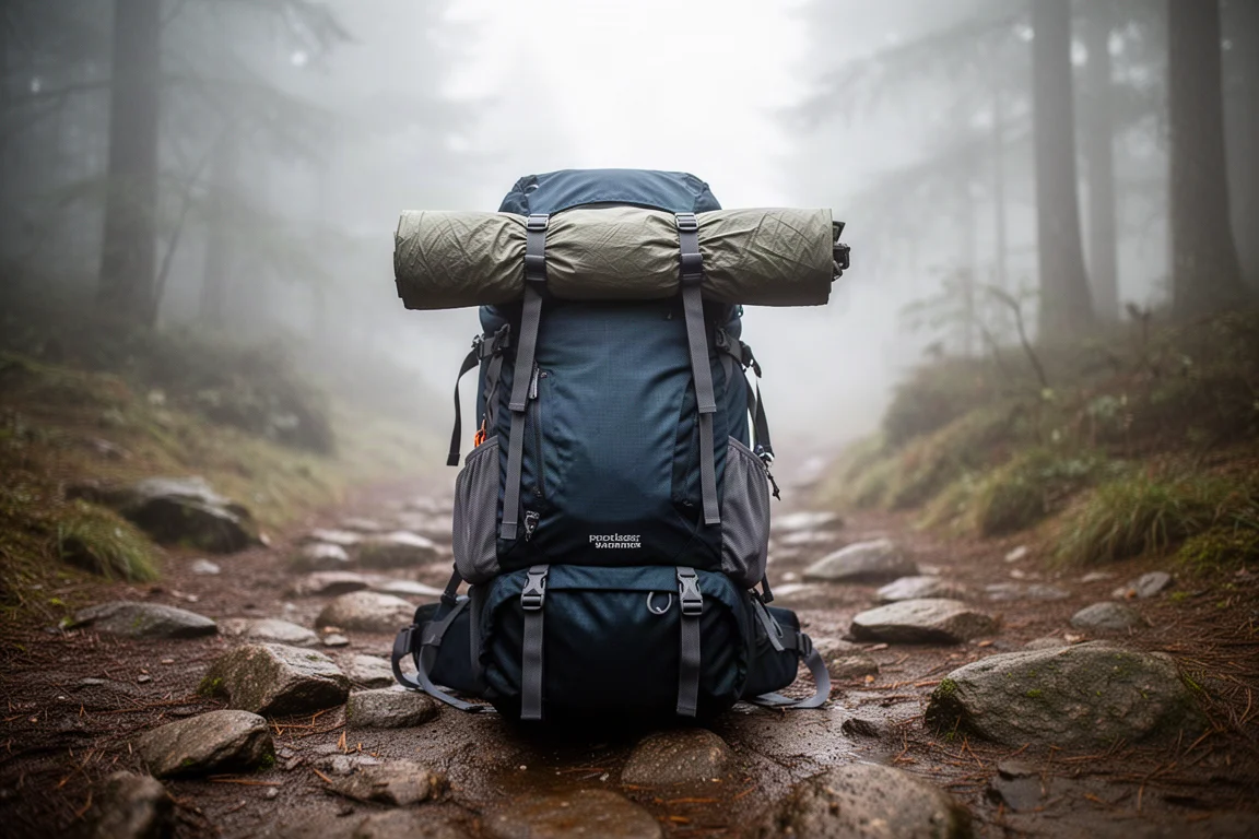 Hiking backpack with a rolled shelter strapped across the top on rocky ground