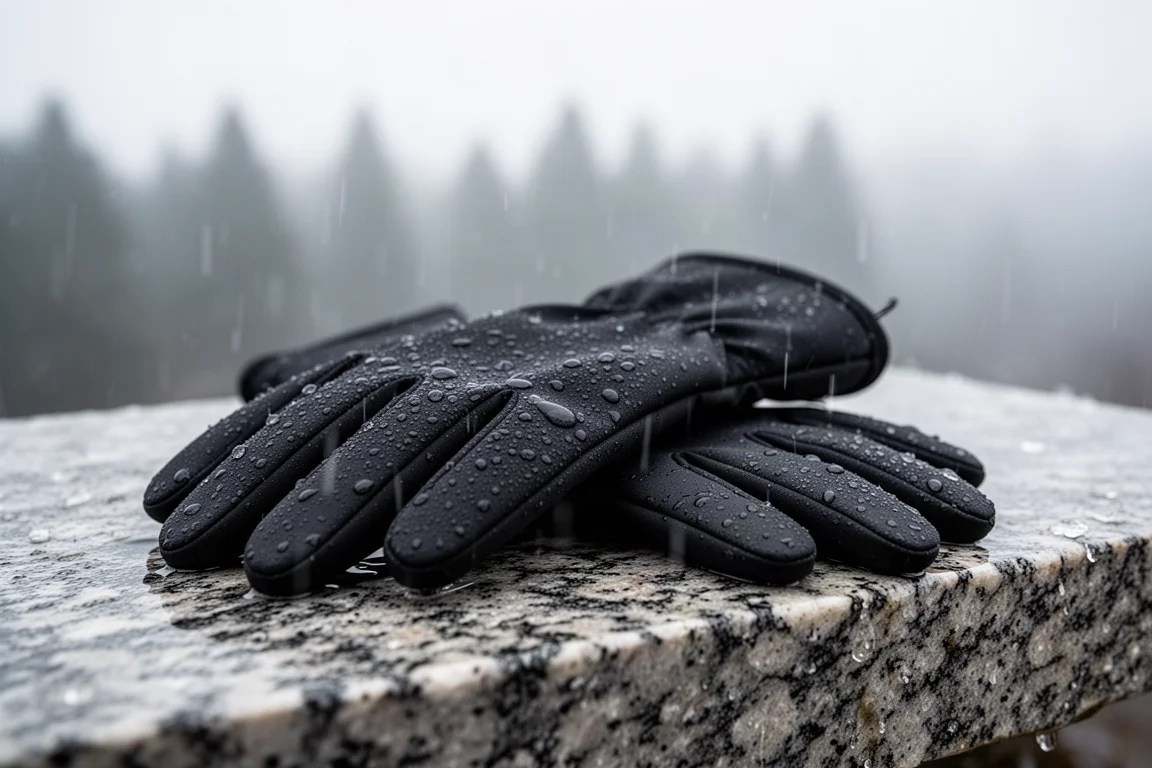 Black waterproof gloves on wet granite with rain droplets beading