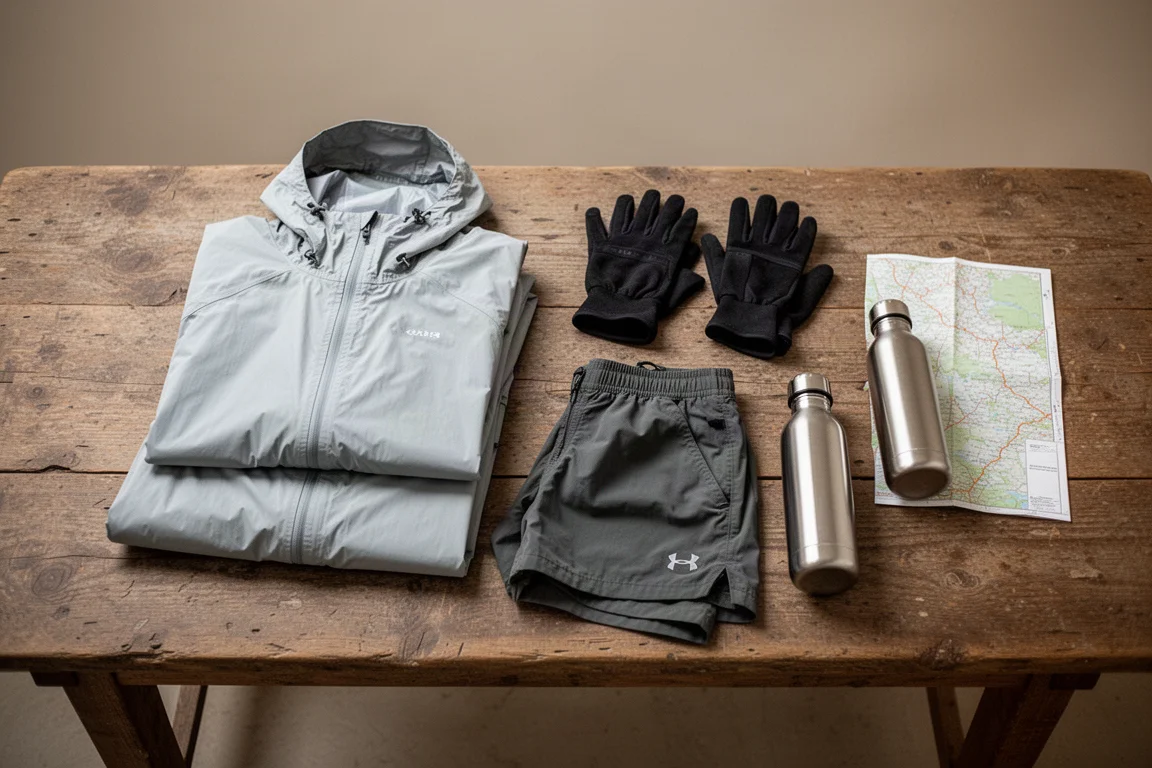 Overhead flat-lay of backpacking essentials on a weathered wooden table