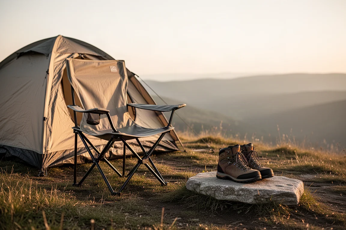 Lekkie krzesło kempingowe i buty trekkingowe obok namiotu na grani w złotej godzinie
