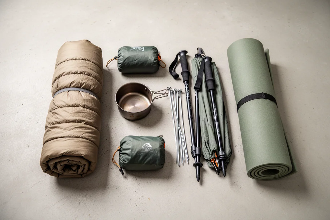 Flat-lay of ultralight backpacking gear including quilt, cook pot, and tent on concrete