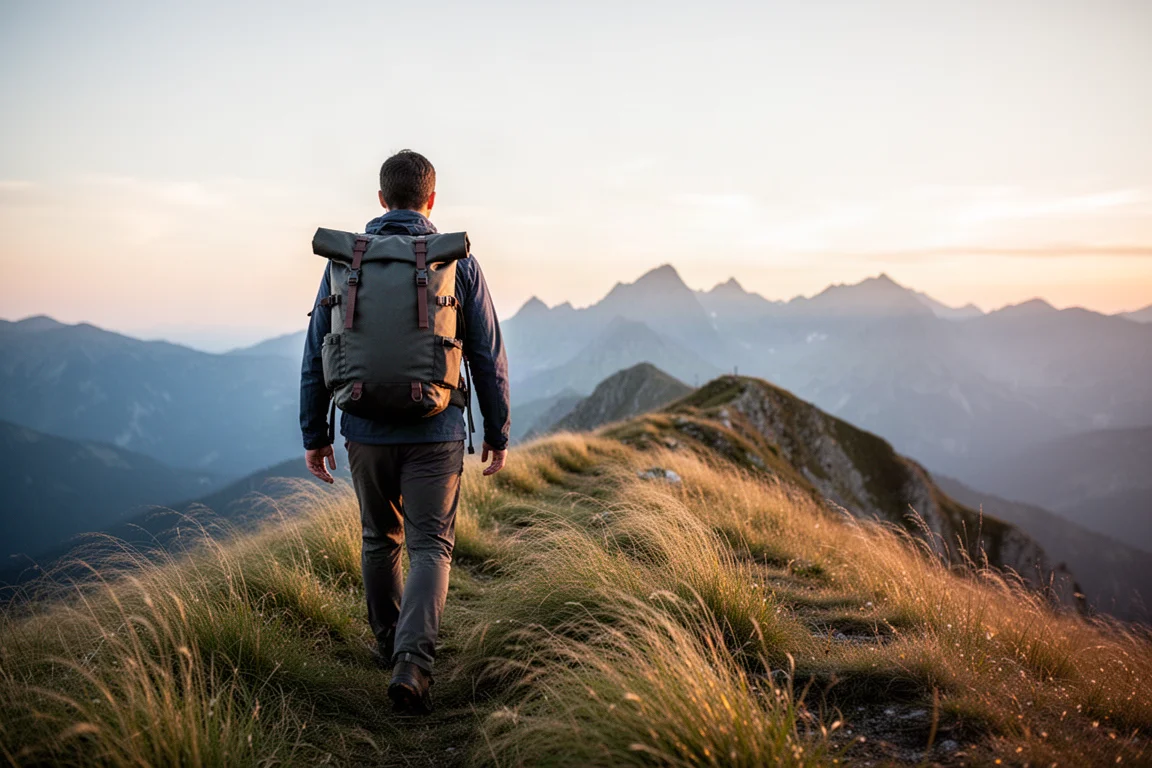 Hiker with a compact roll-top pack walking an alpine ridge at sunrise